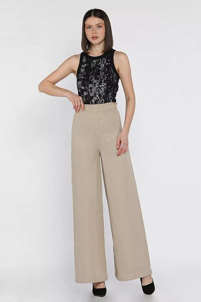 GÜLSELİ K.Beige Women's Elastic Waist High Waist Loose Wide Leg Palazzo Trousers
