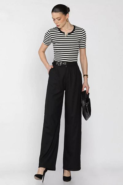 GÜLSELİ Black Women's High Waist Pleated Pants with Belt Accessories