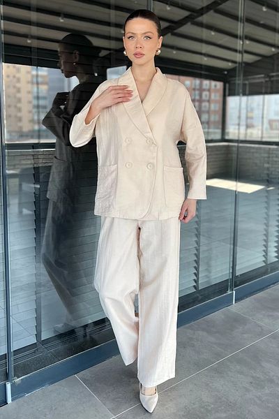 GÜLSELİ Stone Women's Double Breasted Collar Jacket Pants Set of Two