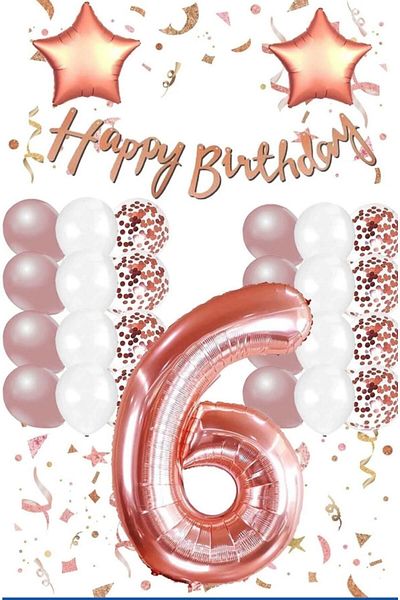 hediyeofisi Rose Gold Concept 6 Year Old Birthday Set Number and Star Foil Balloon Banner and 24 Balloons and Stamps