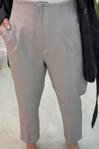 Tesettür Diyarı Women's Hijab Pants Women's Zra Model Pensli High Waist Fabric Pants-Gray