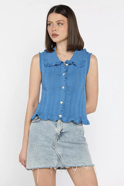 GÜLSELİ Indigo Women's Baby Collar Wave Patterned Knitwear Vest