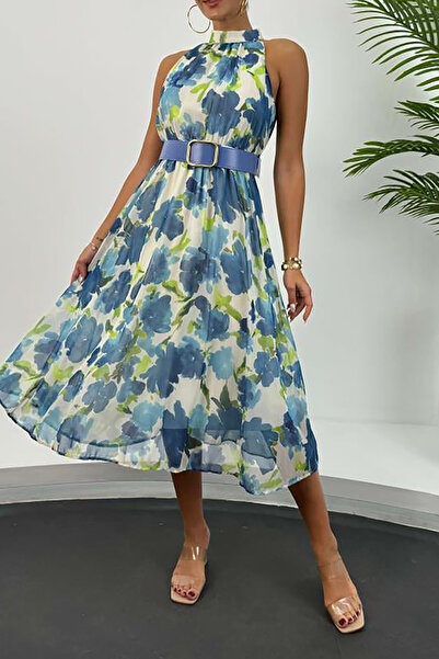 XXL BUTİK rochie midi din sifon pentru femei, cu centura cu guler halter