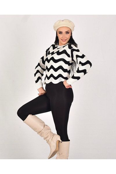 K-ODEA BUTİK Knit Detail Wave Pattern Stand Collar 2 Color Sweater Women