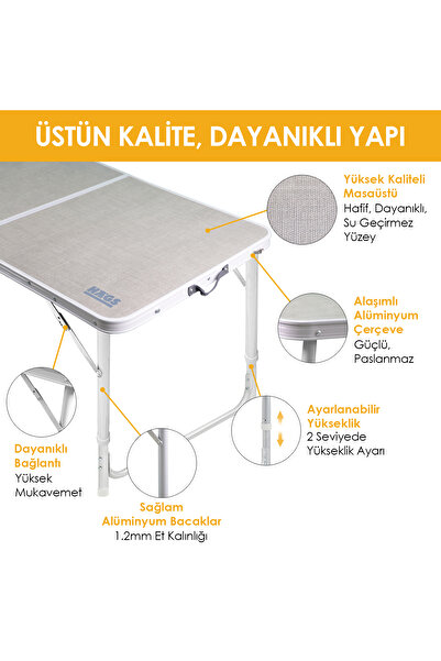 HAEGS Portatif Kamp Masası, 2 Yükseklik Ayarlı, Katlanır Alüminyum Piknik Masası 90x50 - Antrasit