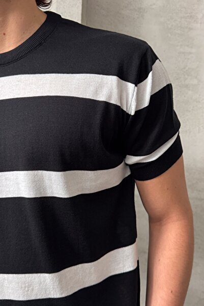 HYMAN Erkek Oversize Bisiklet Yaka Çizgili Triko T-Shirt