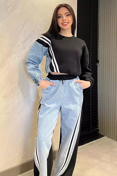 GÜLSELİ Black Women's Denim Garnished Rose Gold Sweat Pants Double Set