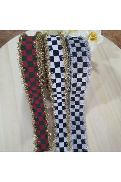 lolipophobi Glitter Checkered Ribbon (3 cm X 1 Mt), Ribbon, New Year, Checkered, Door Ornament
