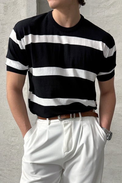 HYMAN Erkek Oversize Bisiklet Yaka Çizgili Triko T-Shirt