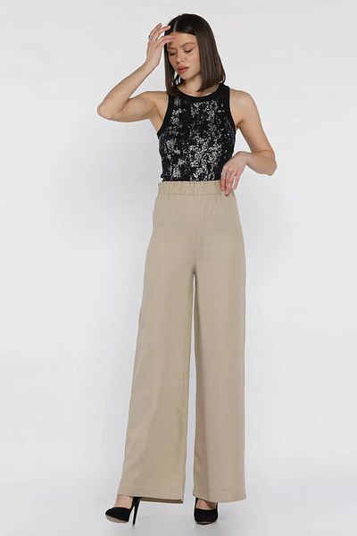 GÜLSELİ K.Beige Women's Elastic Waist High Waist Loose Wide Leg Palazzo Trousers