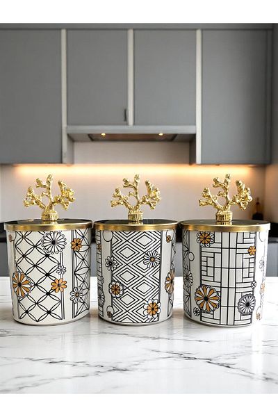ferayhome Spice Rack Set of 3 Kitchen Accessories Coffee Corner Cylinder Wicker Black 750 ml Volume Gold
