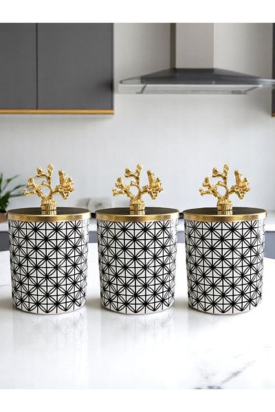 ferayhome Spice Rack Set of 3 Kitchen Accessories Coffee Corner Cylinder Lonca Black 750 ml Volume Gold