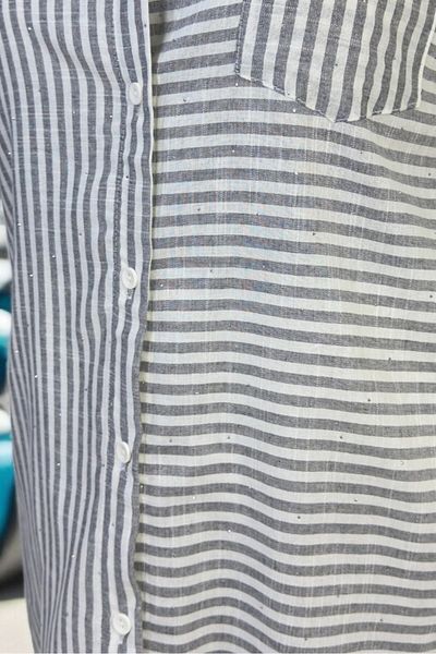 yagmurberen Tiny Stone Decorated Folding Sleeve Detailed Striped 100% Cotton Large Size Shirt