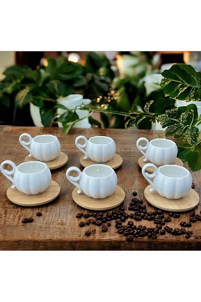 YzHome 6-Person 12-Piece White Porcelain Coffee Cup Set with Bamboo Plates 90ml