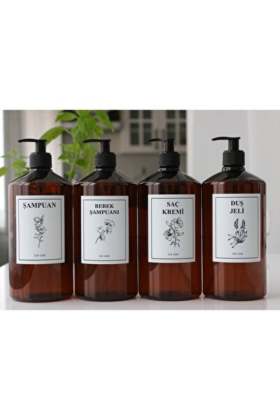 Dem Home Amber Cam Görünümlü Plastik Banyo 4lü Şampuan-duş Jeli-saç Kremi-bebek Şampuan Şişe Seti 1 Litre