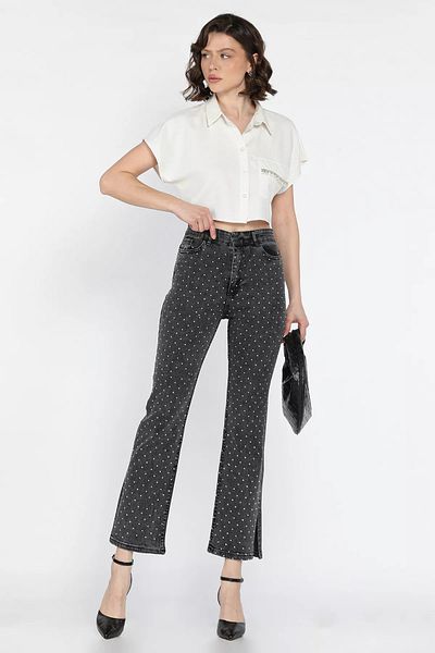 GÜLSELİ Smoked Women's High Waist Stone Embroidered Slit Detailed Jean Jeans