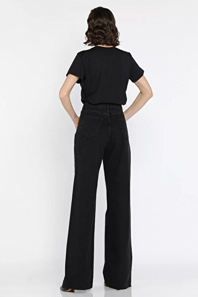 Zehra Gül Siyah Kadın Kesik Paça Taş İşlemeli Jean Kot Pantolon