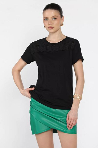 GÜLSELİ Tricou negru pentru damă, cu dantelă brodata, cu decolteu