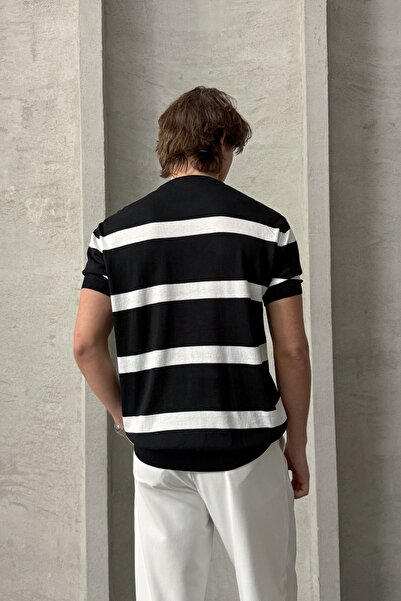 HYMAN Erkek Oversize Bisiklet Yaka Çizgili Triko T-Shirt