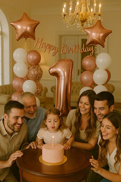 hediyeofisi Rose Gold Concept 1 Year Old Birthday Set Number and Star Foil Balloon Banner and 24 Balloons and Stamps