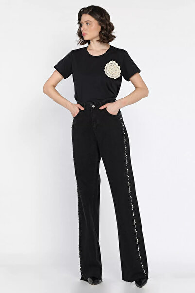 Zehra Gül Siyah Kadın Kesik Paça Taş İşlemeli Jean Kot Pantolon