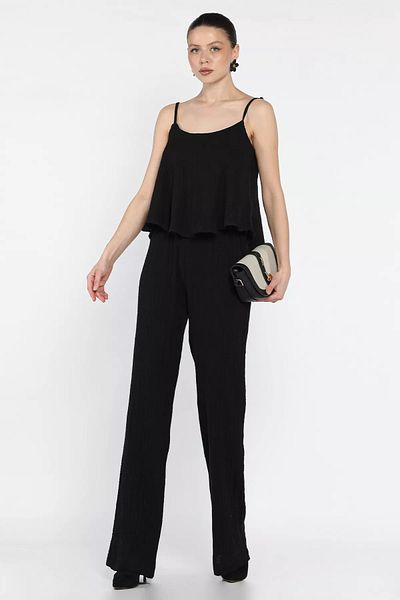GÜLSELİ Black Rope Strap Linen Blouse Trousers Double Set