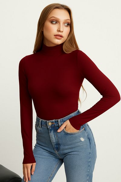 modavingo Women's Burgundy Turtleneck Basic Body