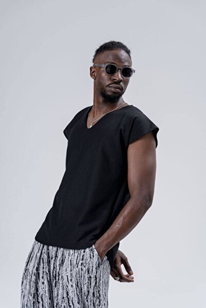 SUPERBLUE Tricou negru de bază fără mâneci pentru bărbați, cu decolteu în V