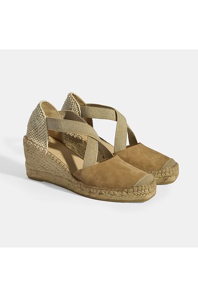 Desa Beige Women's Rubber Banded Wedge Heeled Suede Espadrille