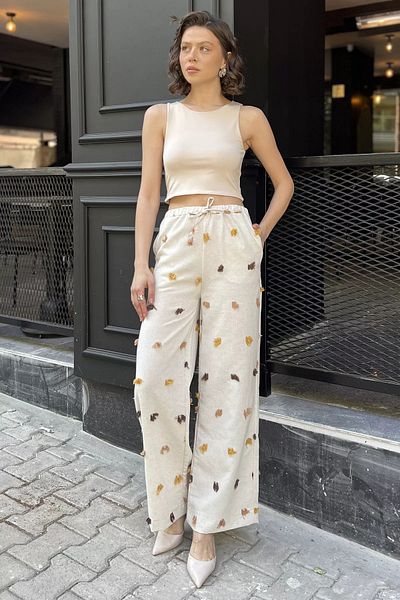 GÜLSELİ Stone Mustard Women's High Waist Tassel Detailed Palazzo Linen Trousers