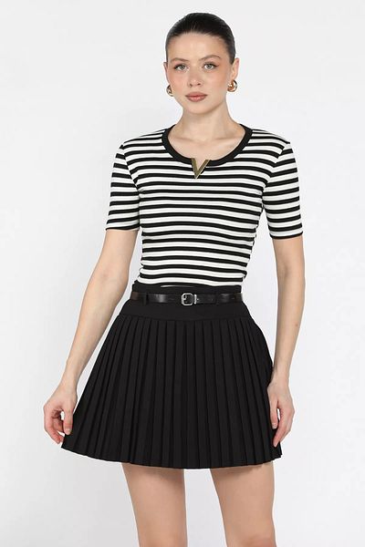 GÜLSELİ Fusta mini cu talie neagră pentru femei, cu pantaloni scurți plisați