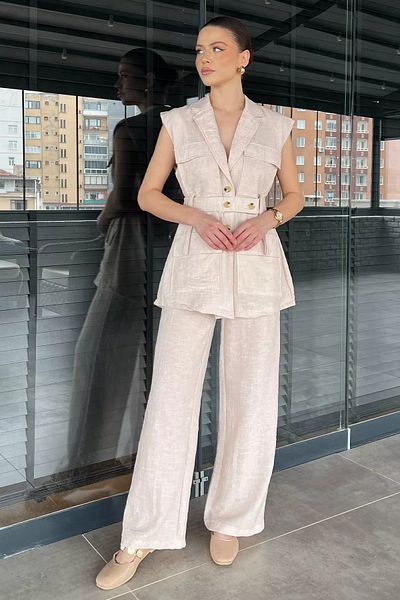 GÜLSELİ Stone Women's Waist Belted Vest Trousers Double Set