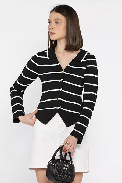 GÜLSELİ Black Women's Stripe Patterned Bow Button Detailed Knitwear Cardigan