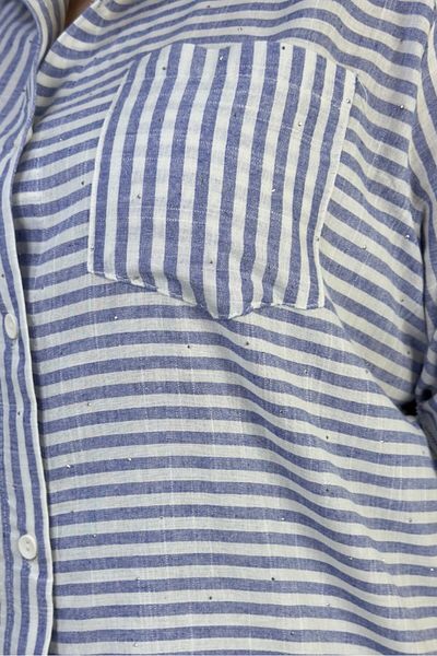 yagmurberen Tiny Stone Decorated Folding Sleeve Detailed Striped 100% Cotton Large Size Shirt