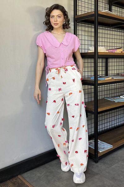 GÜLSELİ Taşorange Women's High Waist Tassel Detailed Palazzo Linen Trousers