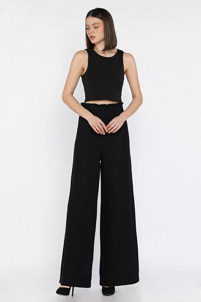 GÜLSELİ Black Women's Elastic Waist High Waist Loose Wide Leg Palazzo Trousers