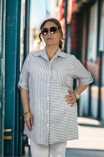 yagmurberen Tiny Stone Decorated Folding Sleeve Detailed Striped 100% Cotton Large Size Shirt