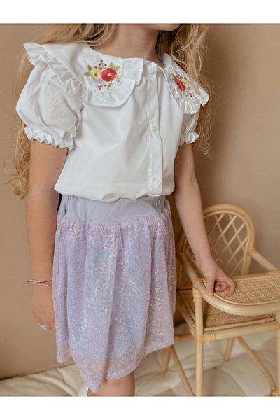 MİNİKO KİDS Girl's Short Sleeve Shirt with Sequin Skirt Holiday Suit