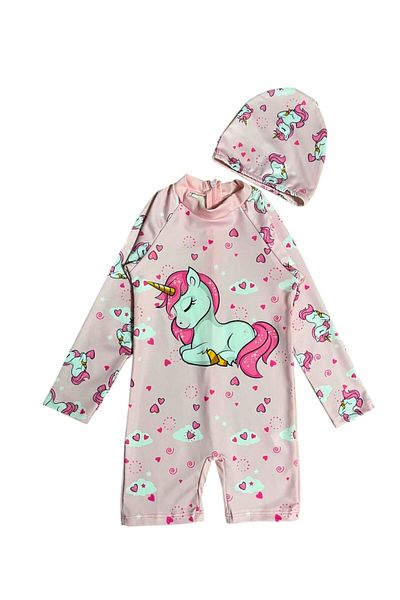 Fil Kids Girl's Pink Unicorn Heart Pattern Long Sleeve Tight Woven Quick Dry Bonnet Swimsuit