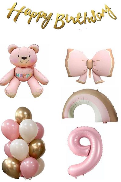 DÜVENCİ TİCARET Teddy Bear Rainbow Themed Baby Girl Concept Birthday Age Set