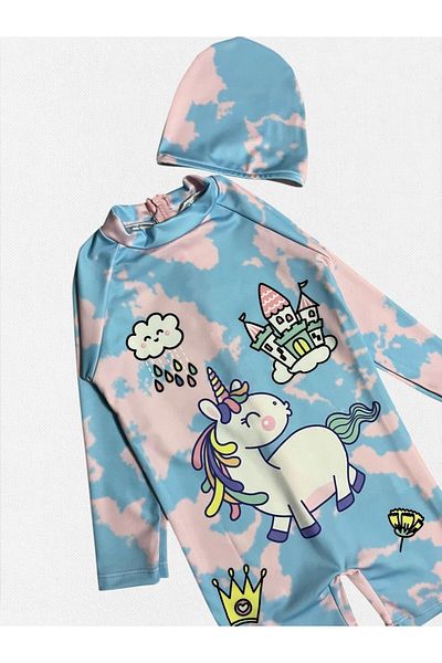 Fil Kids Girl's Blue Unicorn Castle Cloud Pattern Long Sleeve Tight Woven Quick Dry Bonnet Swimsuit