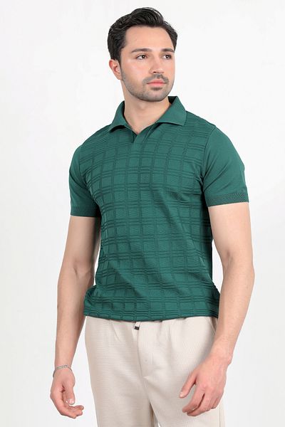 JB John Borners Men's Polo Neck Short Sleeve Textured Knitwear T-Shirt Green - 2504