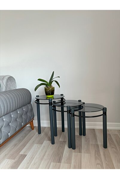 TOLUNAY Yonca Zigon Sehpa Ahşap ve Metal Füme Cam Gri