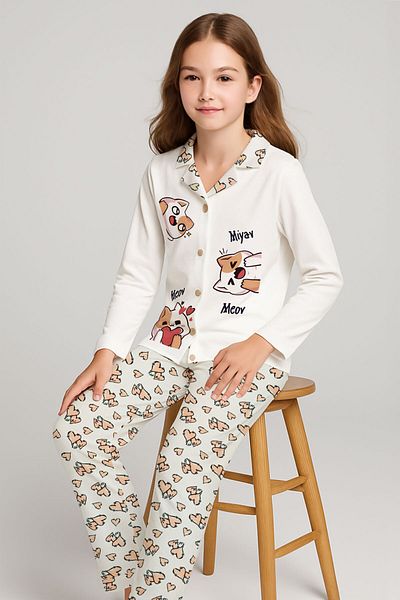 peki baby&kids Well Girl's Interlock Bumbac Inimă Model 3 Funny Cat Printed Pijama cu nasturi în față Set 18960