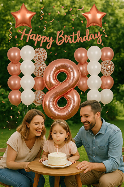 hediyeofisi Rose Gold Konsepti 8 Yaş Doğum Günü Seti Rakam Ve Yıldız Folyo Ba...