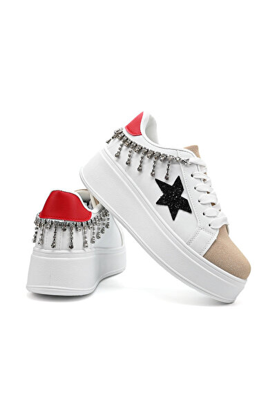 Tmall Women's Sports Shoes, Made of Eco-leather, With decorative chain, D1357, White with Red