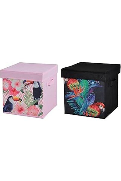Mu Art Ahşap Toy Box Set of 2 Storage Box with Cover Parrot Pattern Fabric 28X28X28Cm