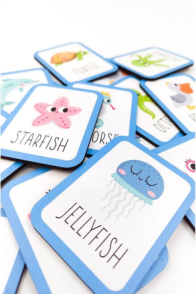 kutuTR Wooden Intelligence Card Matching Game 16 Pieces English Written Sea Animals