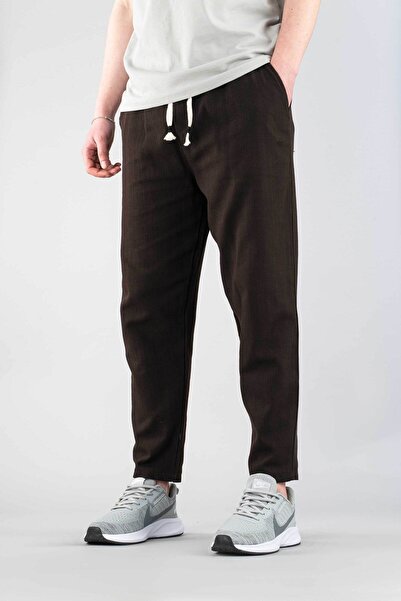bombe Men's Brown Casual Linen Boyfirend Pants Elastic Waist Drawstring Jogger Trousers