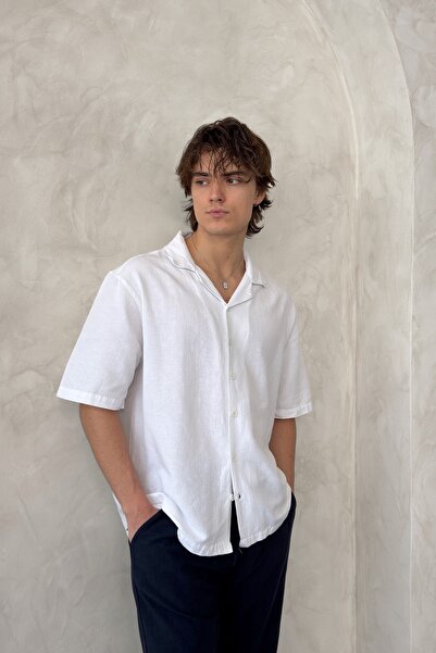 HYMAN Мъжка ленена риза с къс ръкав и отворена яка, голям размер